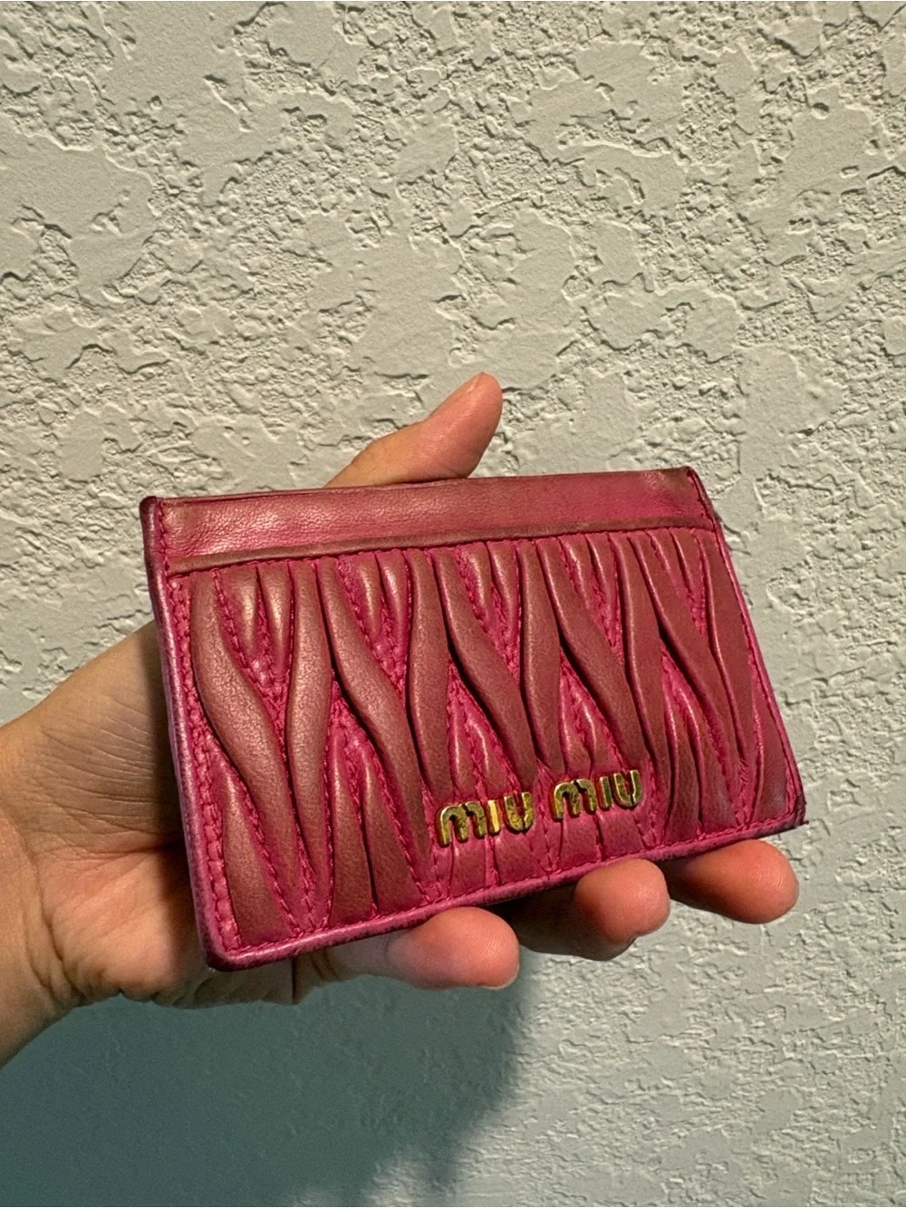 Miu Miu Fuchsia Matelassé Leather Card Holder with Gold Logo